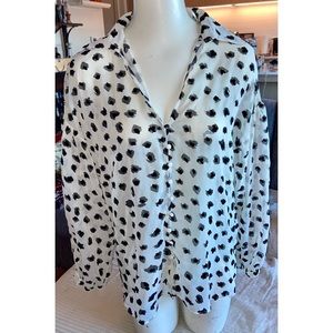 ZARA LNG-SLV BUTTON-UP SHEER WHITE W/ BLACK SPOTS TOP, SZ S